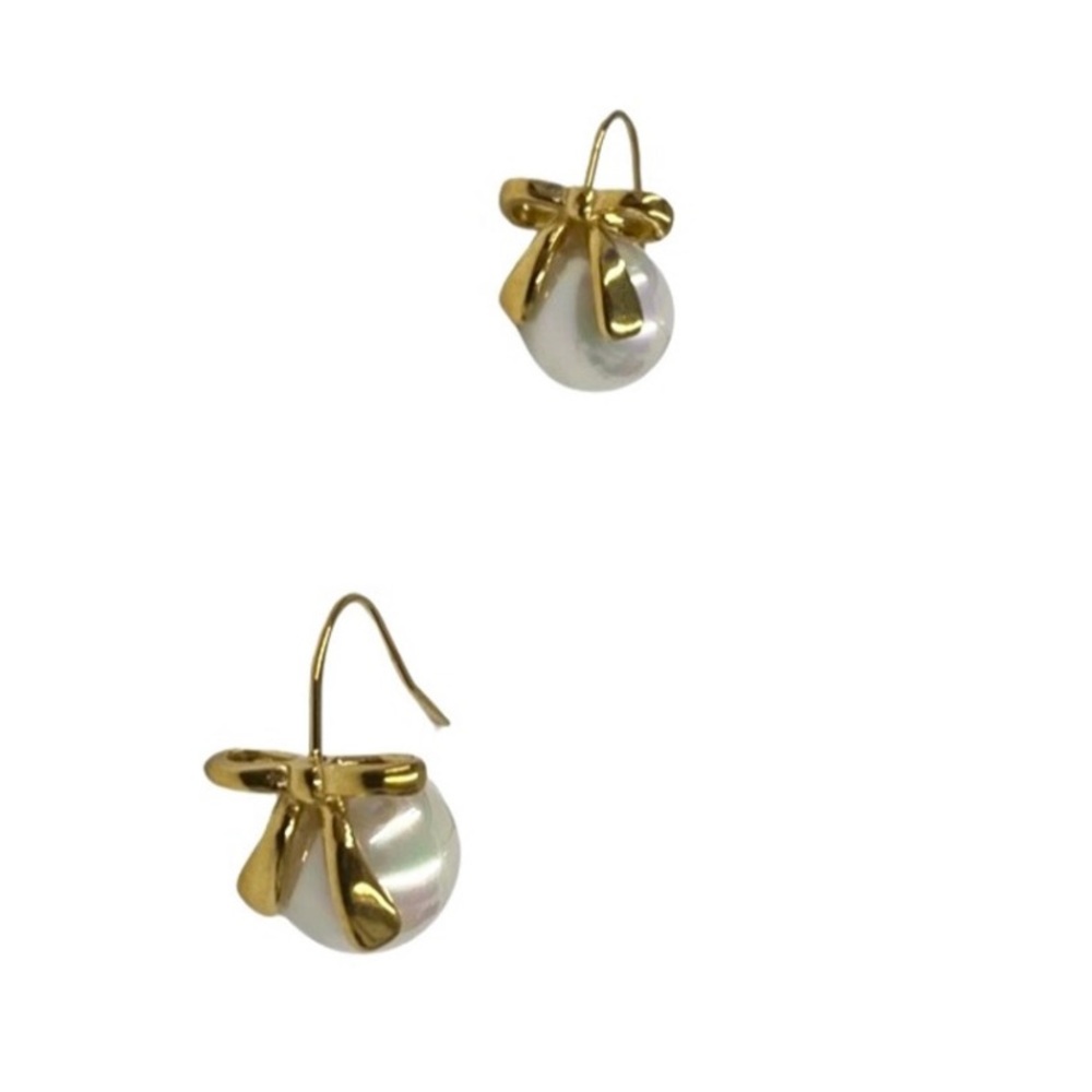 Gold tone ribbon and faux pearl earrings